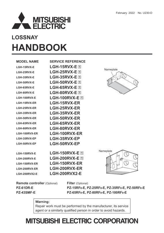 Lgh-15-200Rvx-E Service Manual (U204-A) - Document Library - Mitsubishi Electric