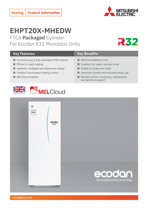 Ecodan Packaged Cylinder EHPT20X-MHEDW Product Information Sheet - Document  Library - Mitsubishi Electric