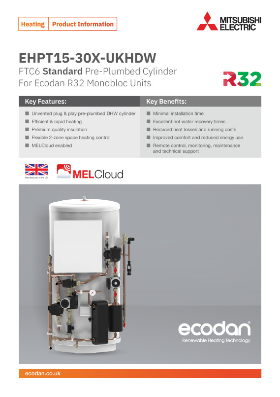 Ecodan Standard Pre-Plumbed Cylinder EHPT15-30X-UKHDW Product Information  Sheet - Document Library - Mitsubishi Electric