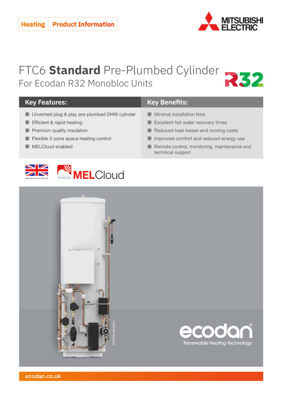 Ecodan Standard Pre-Plumbed Cylinder EHPT21-30X-UKHDW1L Product Information  Sheet - Document Library - Mitsubishi Electric