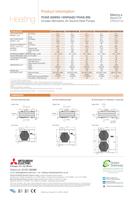 Ecodan PUHZ-(H)W50-140VHA(2)/YHA2 Monobloc Air Source Heat Pump Product  Information Sheet - Document Library - Mitsubishi Electric